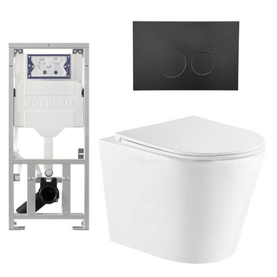 QeramiQ Dely Pack WC cuvette sans bride 36.3x51.7cm avec bâti-support Geberit UP320 abattant WC blanc mat frein de chute et plaque de commande Noir mat boutons Ronds
