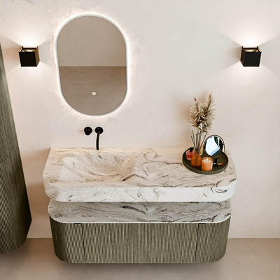 MONDIAZ THOR-DLUX Meuble de salle de bains 130cm arrondi gauche + droite couleur Shadow avec 1 tiroir et 2 portes. Vasque suspendue CLOUD Gauche sans trou de robinet couleur Glace.