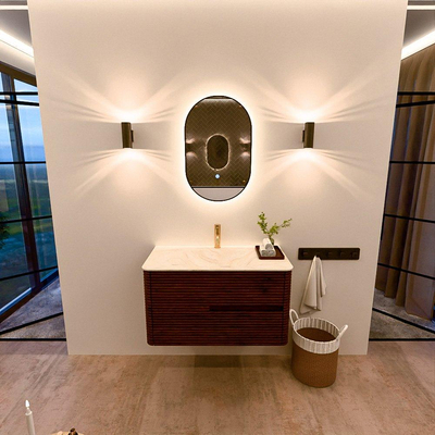 Mondiaz CIRO-DLUX Badkamermeubelset - 90x45x50cm - Solid surface wastafel Ostra - 1 wasbak Midden - 1 kraangat - 2 lades - Ruby