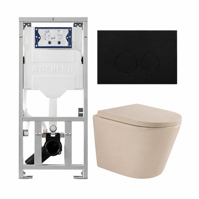 QeramiQ Dely Pack WC - 36,3x51,7cm - à fond creux - sans bride - réservoir encastré Geberit UP320 - abattant WC softclose 35 mm - plaque de commande en métal noir mat - boutons ronds - beige mat