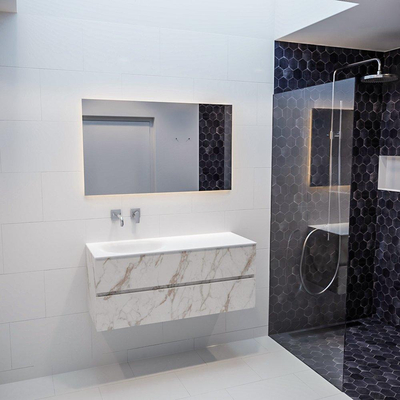 MONDIAZ VICA Ensemble de meuble de salle de bains - 120cm - 2 tiroirs - lavabo Moon gauche - 0 trous de robinet - solid surface marbre de Carrare