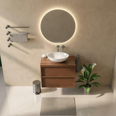 Saniclass Holz Frame Ensemble meuble de salle de bains - 80x45x63cm - plan en pierre naturelle travertin - sans trou de robinet - 2 tiroirs - noyer pur mat (bois)