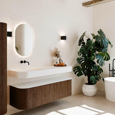 MONDIAZ THOR Meuble de salle de bains 150cm arrondi gauche + droite couleur Walnut avec 1 tiroir et 2 portes. Vasque suspendue CLOUD Gauche sans trou de robinet couleur Talc.