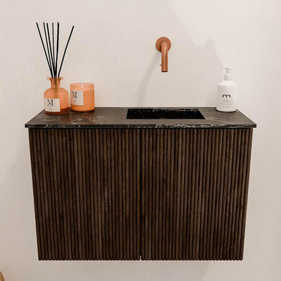 Mondiaz JOYA-DLUX 60cm toiletmeubel - kleur Walnut - Wastafel FAYE positie Rechts Zonder kraangat kleur Lava.