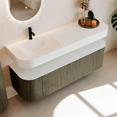 MONDIAZ THOR 150cm meuble de salle de bains arrondi gauche + droite couleur Shadow avec 1 tiroir et 2 portes. Vasque suspendue CLOUD gauche 1 trou de robinet couleur Talc.