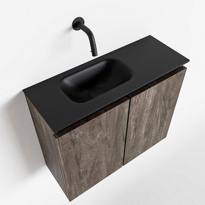 MONDIAZ TURE Toiletmeubel 60x23x50cm met 0 kraangaten 2 deuren dark brown mat Wastafel Eden links Solid Surface Zwart