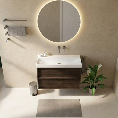 Saniclass Holz Frame Ensemble de meubles de salle de bains - 100x45x67.5cm - Wave lavabo en céramique - 1 vasque - sans trou de robinetterie - 2 tiroirs - chêne charcoal mat (bois)