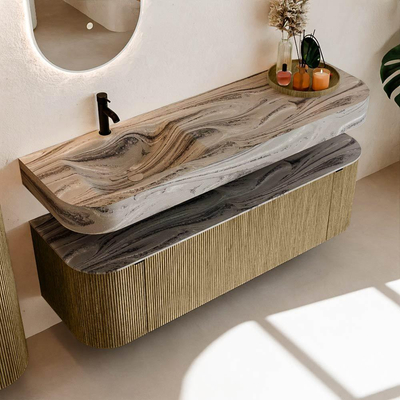 MONDIAZ THOR-DLUX 150cm meuble de salle de bains arrondi gauche + droite couleur Dusk avec 1 tiroir et 2 portes. Vasque suspendue CLOUD Gauche 1 trou de robinet couleur Sombra.