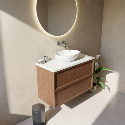 Saniclass Holz Frame Ensemble meuble de salle de bains - 100x45x63cm - Plan vasque en marbre Dia poli (blanc) - sans trou de robinetterie - 2 tiroirs - walnut pure mat (bois)