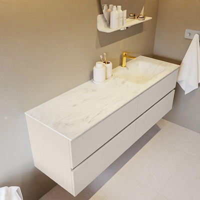 Mondiaz VICA-DLUX ensemble de meuble de salle de bain - 150cm - meuble sous-vasque lin - 4 tiroirs - lavabo encastré nuage droite - 1 trou de robinet - version haute de 60cm - opalo