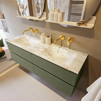 Mondiaz VICA-DLUX Ensemble de meuble de salle de bain - 150cm - meuble sous-vasque armée - 4 tiroirs - lavabo encastrée nuage double - sans trous de robinet - version haute de 60cm - glace