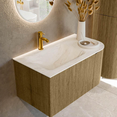 Mondiaz KURVE-DLUX Badkamermeubelset - 85x46x40cm - 1 lade - 1 deur - wastafel solid surface - links - 1 kraangat - Dusk