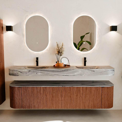 MONDIAZ THOR-DLUX Meuble de salle de bains 190cm arrondi gauche + droite couleur Ruby avec 2 tiroirs et 2 portes. Vasque suspendue CLOUD Double 2 trous de robinet couleur Sombra.