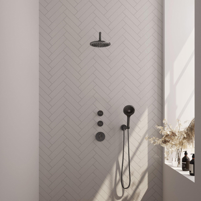 Brauer Gunmetal Edition Ensemble de douche pluie encastré - douche principale 20cm - bras mural - avec partie encastrable - boutons lisses - douchette ronde 1 fonction - PVD - gunmetal brossé