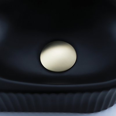 QeramiQ Fuente Ensemble de lavabo - 40x21.5x12cm - gauche - strié - demi-rond - 1 trou de robinet - céramique - robinet de lave-mains en laiton brossé - bonde - siphon abaissé - noir mat