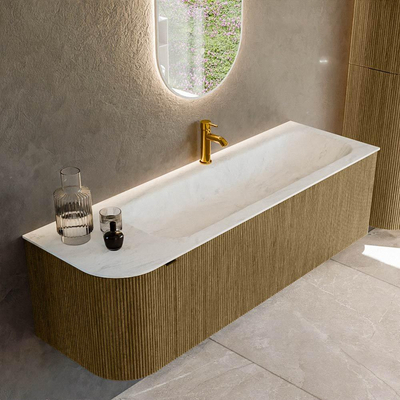 Mondiaz KURVE-DLUX Ensemble de meuble - 145x46x40cm - 1 tiroir - 1 porte - lavabo en solid surface - droite - 1 trou de robinet - Dusk