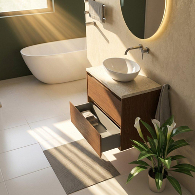 Saniclass Holz Pure Ensemble meuble de salle de bains - 80x45x63cm - plan de travail en pierre naturelle travertin - sans trou de robinet - 2 tiroirs - walnut pure mat (bois)