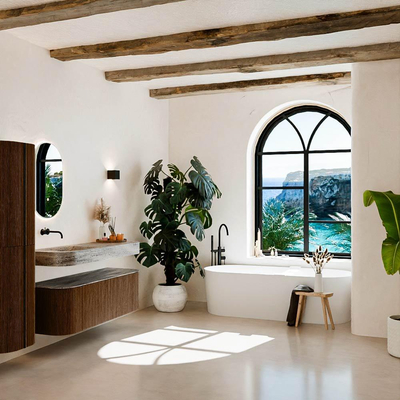 MONDIAZ THOR-DLUX 140cm meuble de salle de bains arrondi gauche + droite couleur Walnut avec 1 tiroir et 2 portes. Vasque suspendue CLOUD Gauche sans trou de robinet couleur Oza.