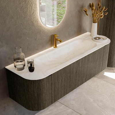 Mondiaz KURVE-DLUX Ensemble de meuble - 150x46x40cm - 1 tiroir - 2 portes - lavabo en solid surface - milieu - 1 trou de robinet - Shadow
