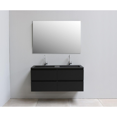 Basic Bella Badkamermeubelset - 120x55x46cm - 2 wasbakken - Acryl - Zwart - 2 kraangaten - Wandspiegel zonder verlichting - Spaanplaat Zwart mat
