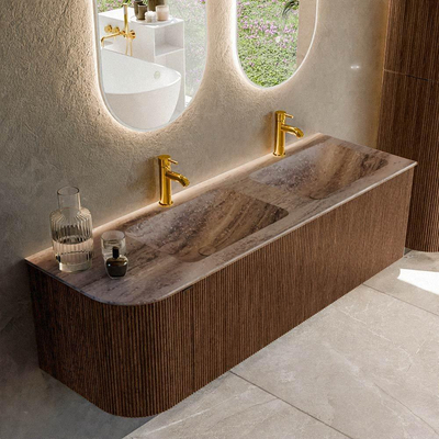 MONDIAZ KURVE-DLUX 145cm meuble de salle de bains arrondi gauche couleur Walnut avec 1 tiroir et 1 porte. Lavabo LEAF Double / droit 2 trous de robinet Oza.