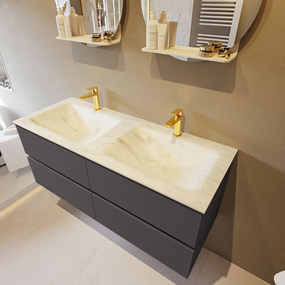 Mondiaz VICA-DLUX ensemble de meuble de salle de bain - 120cm - meuble sous-vasque gris foncé - 4 tiroirs - lavabo encastré cloud double - 2 trous de robinet - version haute de 60cm - opalo