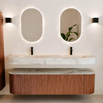 MONDIAZ THOR-DLUX 170cm meuble de salle de bains arrondi gauche + droite couleur Ruby avec 1 tiroir et 2 portes. Vasque suspendue CLOUD Double 2 trous de robinet couleur Frappe.