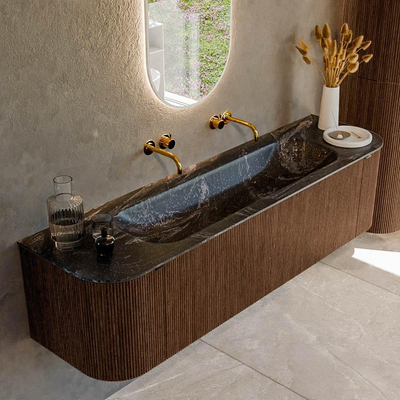 MONDIAZ KURVE-DLUX 170cm badmeubel met module 25 Len R kleur Walnut met 1 lade en 2 deuren. Wastafel BIG LARGE midden zonder kraangat kleur Lava.