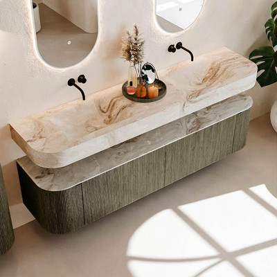 MONDIAZ THOR-DLUX 190cm meuble de salle de bains arrondi gauche + droite couleur Shadow avec 2 tiroirs et 2 portes. Vasque suspendue CLOUD Double sans trou de robinet couleur Frappe.