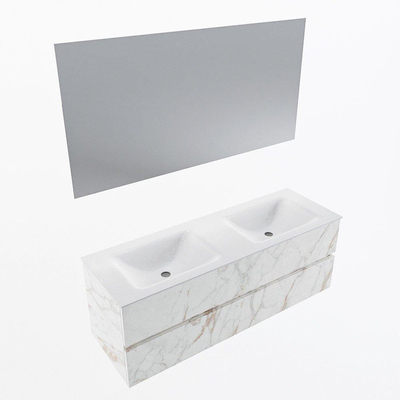 Mondiaz VICA ensemble de meuble de salle de bain - 140cm - meuble sous-vasque carrara - 2 tiroirs - lavabo cloud double - sans trous de robinet - couleur talc - miroir LED - version XL 60cm de haut