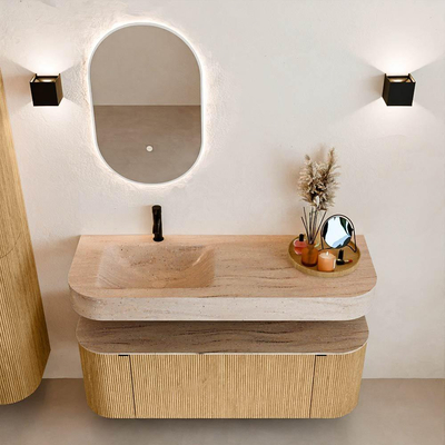 MONDIAZ THOR-DLUX 130cm badmeubel ronding links + rechts kleur Oak met 1 lade en 2 deuren. Vrijhangende wastafel CLOUD Links 1 kraangat kleur Saba.