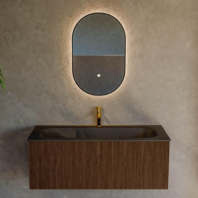 MONDIAZ KURVE 110cm badmeubel kleur Walnut met 1 lade. Wastafel BIG MEDIUM midden 1 kraangat Urban.