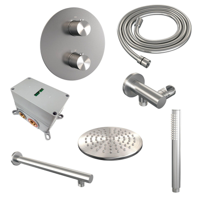 BRAUER Douche pluie thermostatique encastrée en acier inoxydable brossé - 3 voies - rond - ensemble 73 - douche principale de 20 cm - bras mural droit - douchette à main - flexible de douche - coude mural - inox brossé PVD