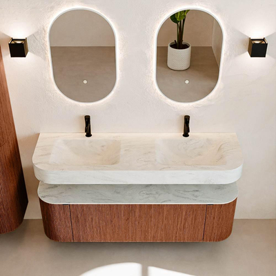 MONDIAZ THOR-DLUX 150cm meuble de salle de bains arrondi gauche + droite couleur Ruby avec 1 tiroir et 2 portes. Vasque suspendue CLOUD Double 2 trous de robinet couleur Opalo.