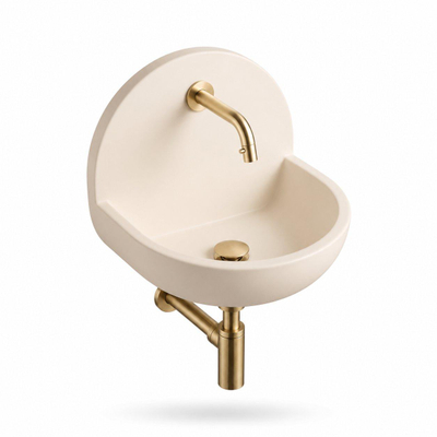 Saniclass Fuente pack lave-mains – demi-rond – 46,5 x 35 x 43,2 cm – Solid Surface crème – robinet doré brossé