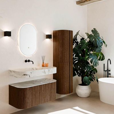 MONDIAZ THOR-DLUX 100cm badmeubel ronding links + rechts kleur Walnut met 1 lade en 2 deuren. Vrijhangende wastafel CLOUD Midden zonder kraangat kleur Glace.