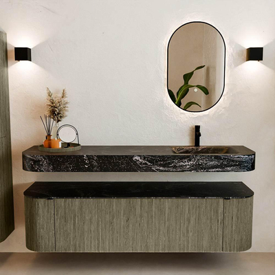 MONDIAZ THOR-DLUX 170cm meuble de salle de bains arrondi gauche + droite couleur Shadow avec 1 tiroir et 2 portes. Vasque suspendue CLOUD Droite 1 trou de robinet couleur Lava.