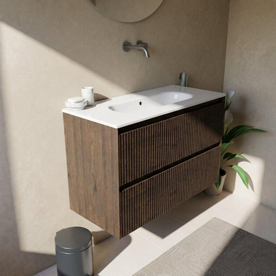Saniclass Holz Atelier Ensemble meuble de salle de bains - 100x45x73.9cm - Lavabo en céramique Chaci blanc - 1 vasque - sans trou de robinetterie - 2 tiroirs - chêne charcoal mat (bois)