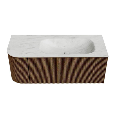 MONDIAZ KURVE-DLUX 115cm Meuble salle de bain avec module 25 G - couleur Walnut - 1 tiroir - 1 porte - vasque BIG SMALL droite - 1 trou de robinet - couleur Opalo