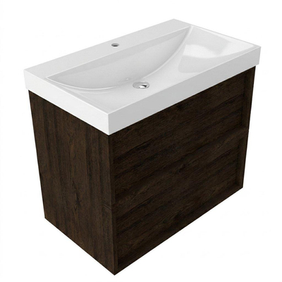 Saniclass Holz Frame Ensemble meuble de salle de bains - 80x45x67.5cm - lavabo Wave en céramique - 1 vasque - 1 trou de robinetterie - 2 tiroirs - chêne charcoal mat (bois)