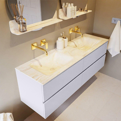 Mondiaz VICA-DLUX ensemble de meuble de salle de bain - 150cm - meuble sous-vasque cale - 4 tiroirs - lavabo encastrée cloud double - sans trous de robinet - version haute de 60cm - ostra