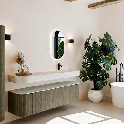 MONDIAZ THOR-DLUX 170cm meuble de salle de bains arrondi gauche + droite couleur Shadow avec 1 tiroir et 2 portes. Vasque suspendue CLOUD Droite 1 trou de robinet couleur Opalo.