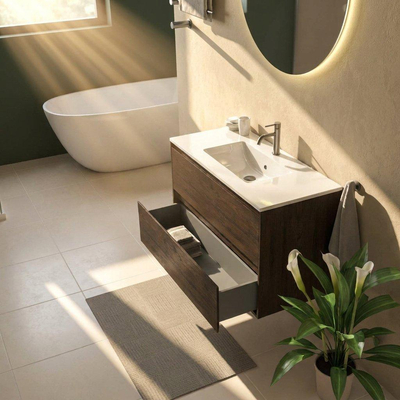 Saniclass Holz Pure Ensemble de meubles de salle de bains - 100x45x62cm - lavabo Vygo en céramique blanc - 1 vasque - 1 trou de robinetterie - 2 tiroirs - chêne charcoal mat (bois)