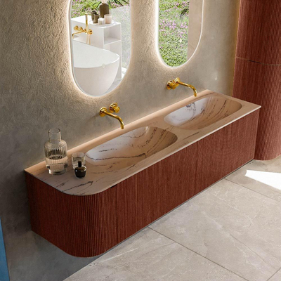 MONDIAZ KURVE-DLUX 165cm meuble de salle de bains arrondi à gauche couleur Ruby avec 2 tiroirs et 1 porte. Lavabo STOR SMALL Double / à droite sans trou de robinet Arena.