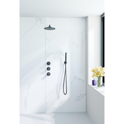 Fortifura Nebbio opbouw regendoucheset – Ø30 cm hoofddouche – 35 cm gebogen wandarm – 1-stands staafhanddouche – zwart mat