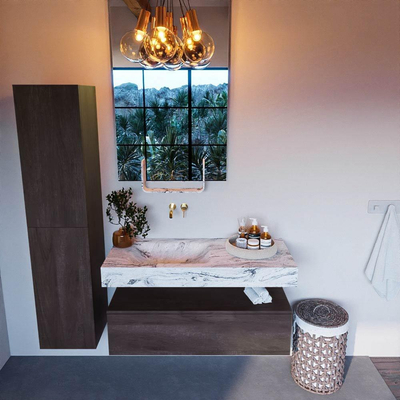 Mondiaz ALAN-DLUX Ensemble de meuble de salle de bains - 150x46cm - 1 tiroir - lavabo suspendu - sans trous de robinet - 1 à gauche - Dark brown (chêne foncé)