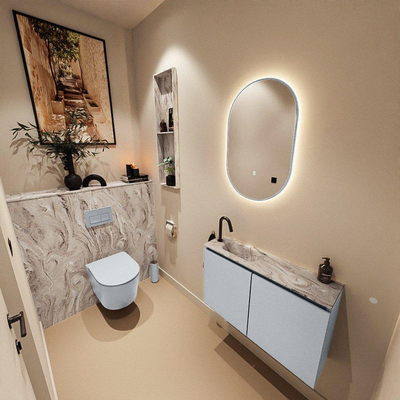 MONDIAZ TURE-DLUX Meuble de toilettes 80 cm Clay. EDEN vasque Glace position gauche. Avec 1 trou de robinet.
