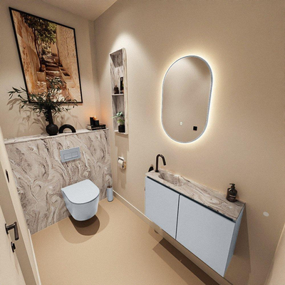 MONDIAZ TURE-DLUX Meuble toilette - 80cm - Clay - EDEN - vasque Glace - position gauche - 1 trou de robinet