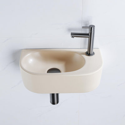 QeramiQ Fuente Ensemble de lavabo - 40x21.5x12cm - droit - lisse - demi-rond - 1 trou de robinet - céramique - robinet de lave-mains gunmetal - bonde de vidage - siphon abaissé - beige