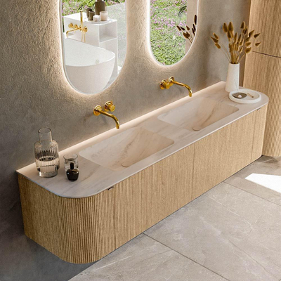 MONDIAZ KURVE-DLUX 180cm meuble de salle de bains arrondi Gauche + Droite couleur Chêne avec 2 tiroirs et 2 portes. Vasque LEAF Double sans trou de robinet Meli.